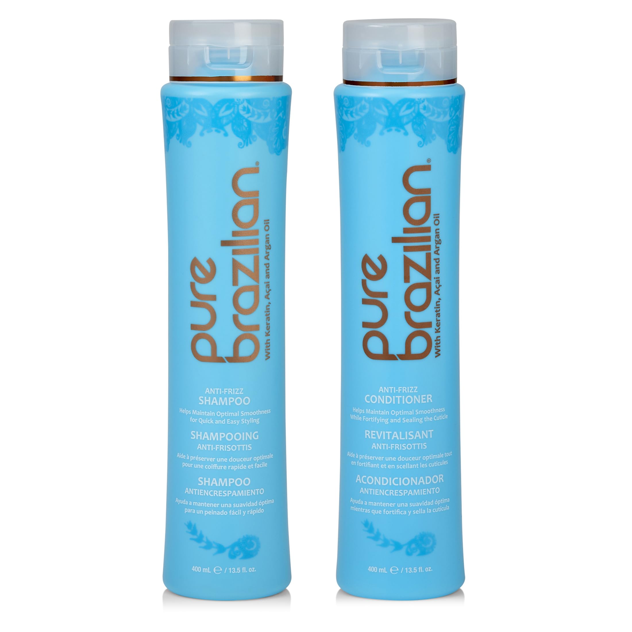Pure Brazilian Anti-Frizz Shampoo bottle pour promises smoothness for daily use.