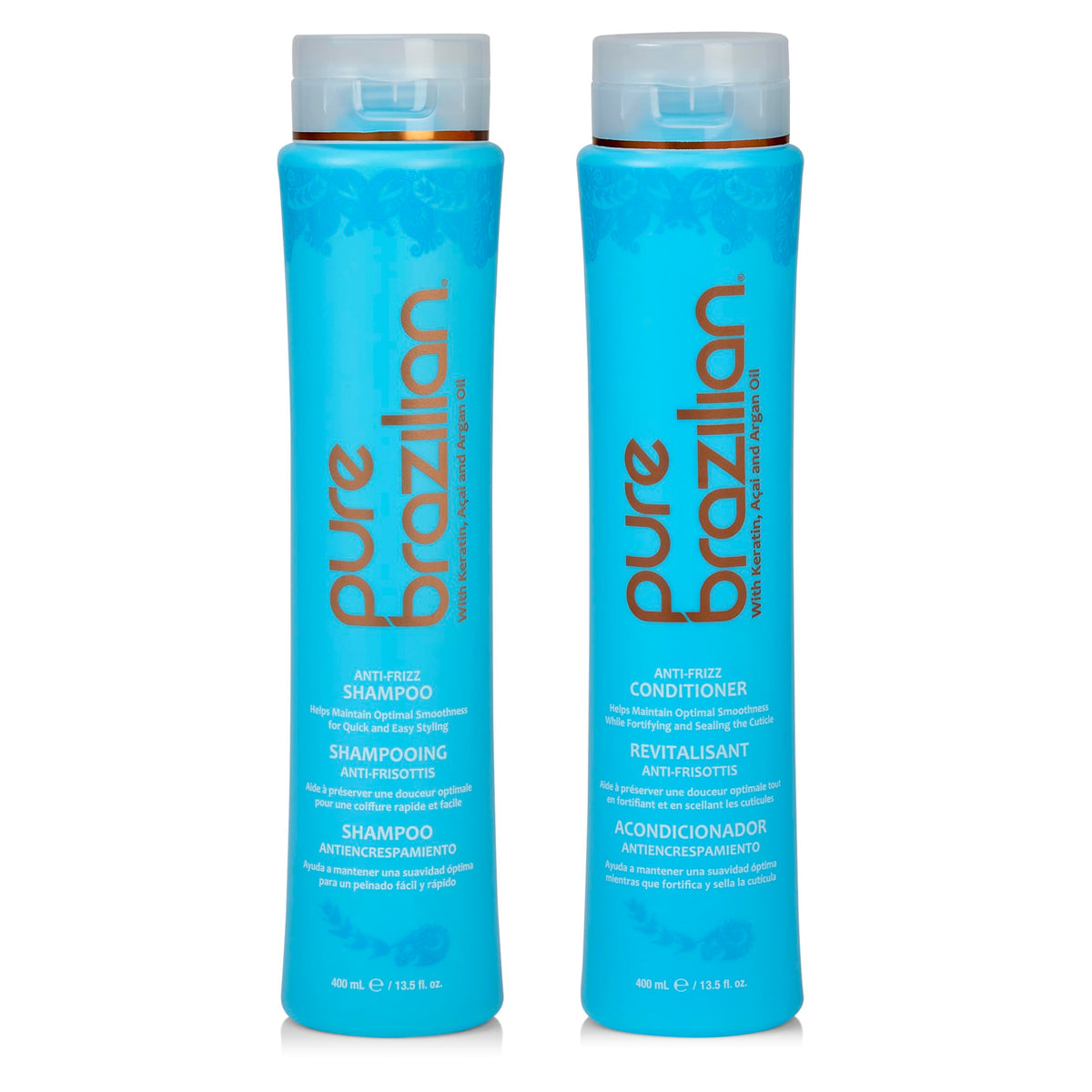 Pure Brazilian Anti-Frizz Shampoo bottle pour promises smoothness for daily use.
