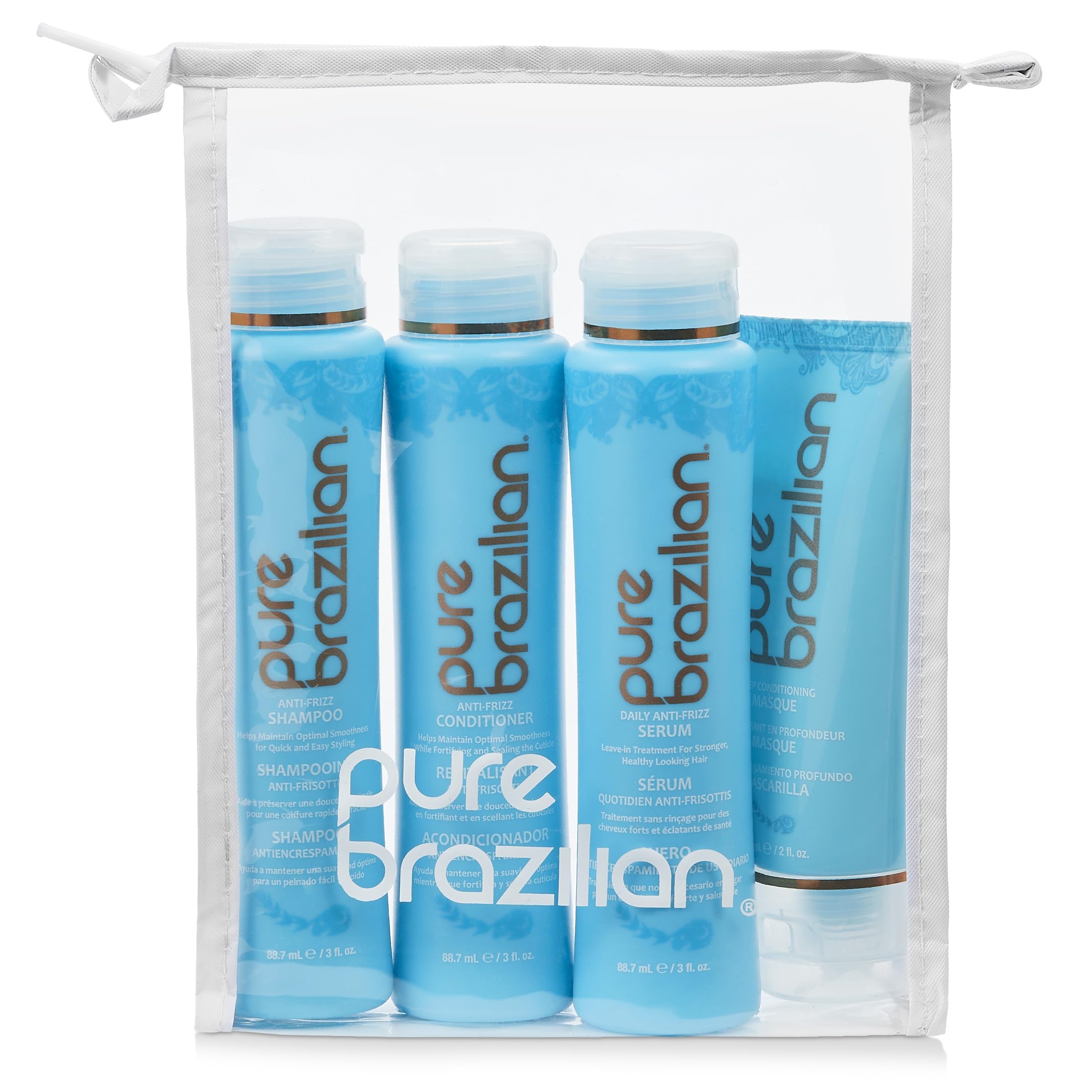 Pure Brazilian anti-frizz shampoo bottle for travel-ready frizz control.