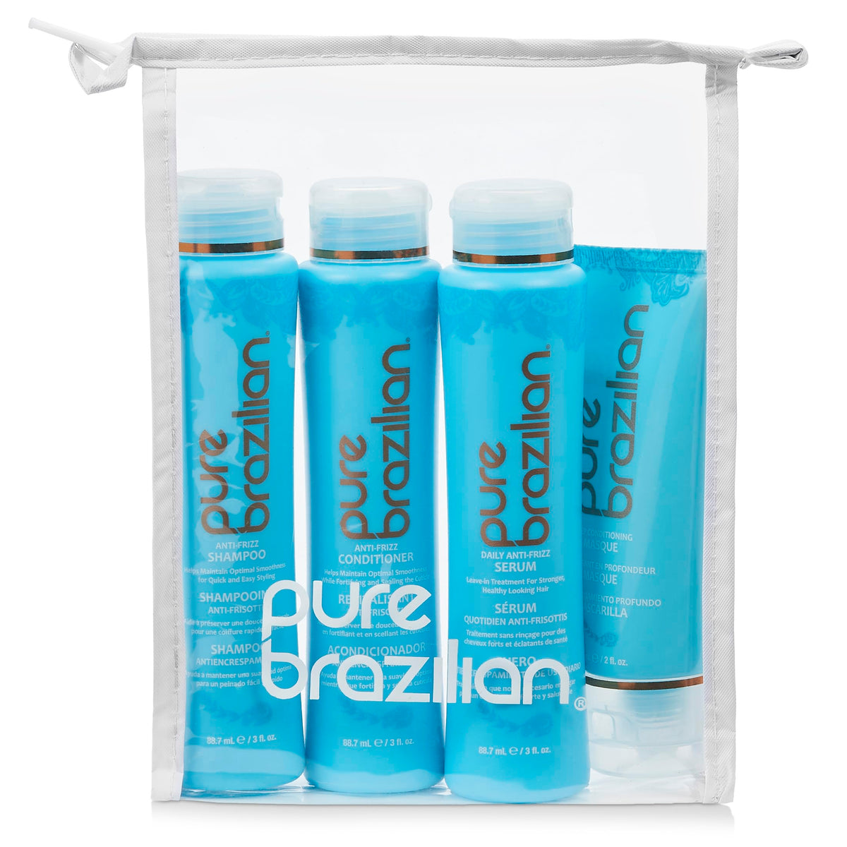 Pure Brazilian anti-frizz shampoo bottle for travel-ready frizz control.