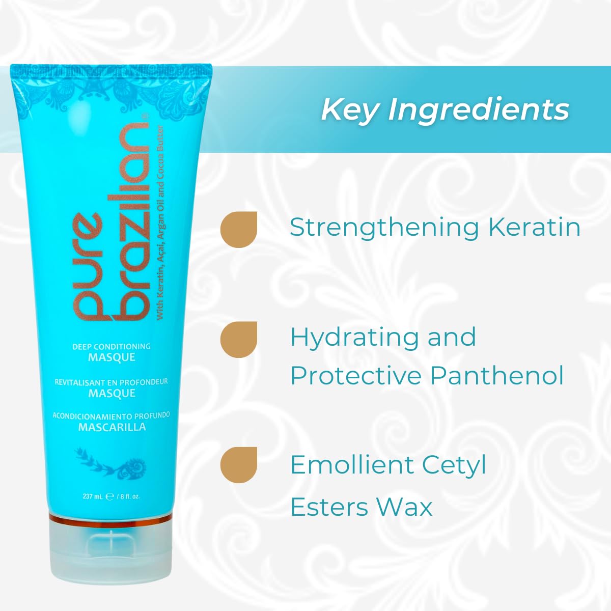 Close-up of keratin, acai, arginine ingredients for strengthened hair.