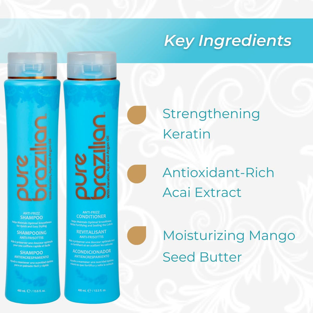 Close-up of Pure Brazilian keratin, argan oil, and acai nourishes frizz control.
