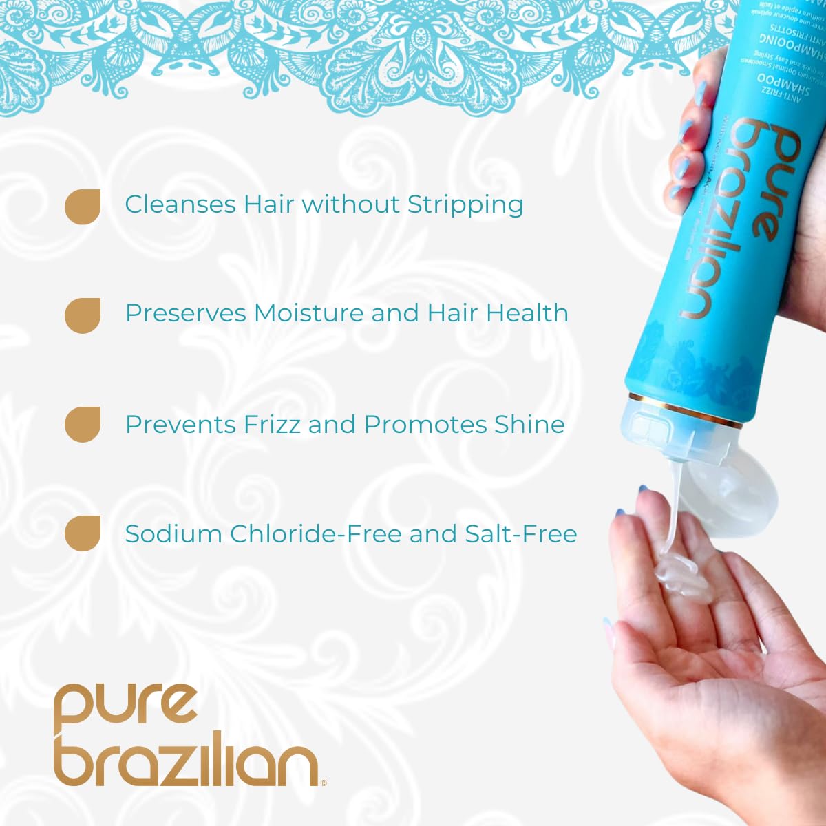 Pure Brazilian Keratin Vital Nutrients closeup highlights nourishing care for stronger, healthier hair.