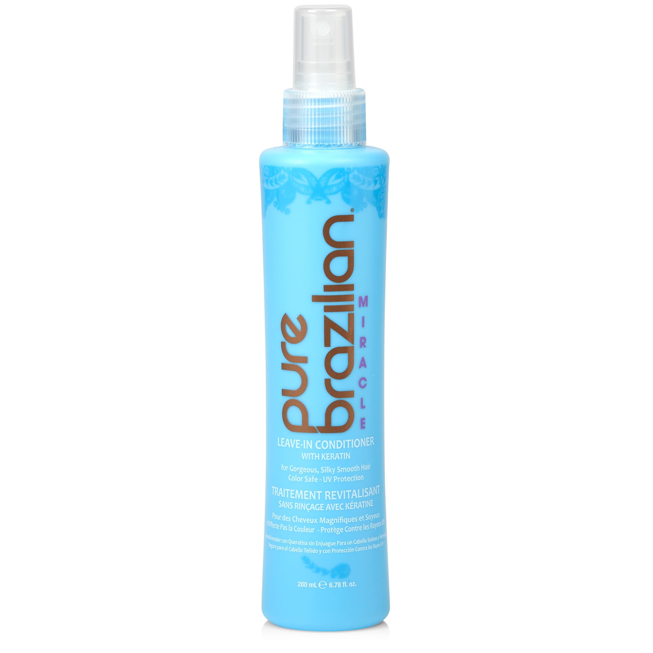 Pure Brazilian leave-in conditioner bottle pour for smooth, even application and frizz control.