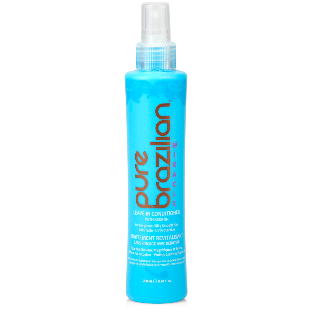 Pure Brazilian leave-in conditioner bottle pour for smooth, even application and frizz control.