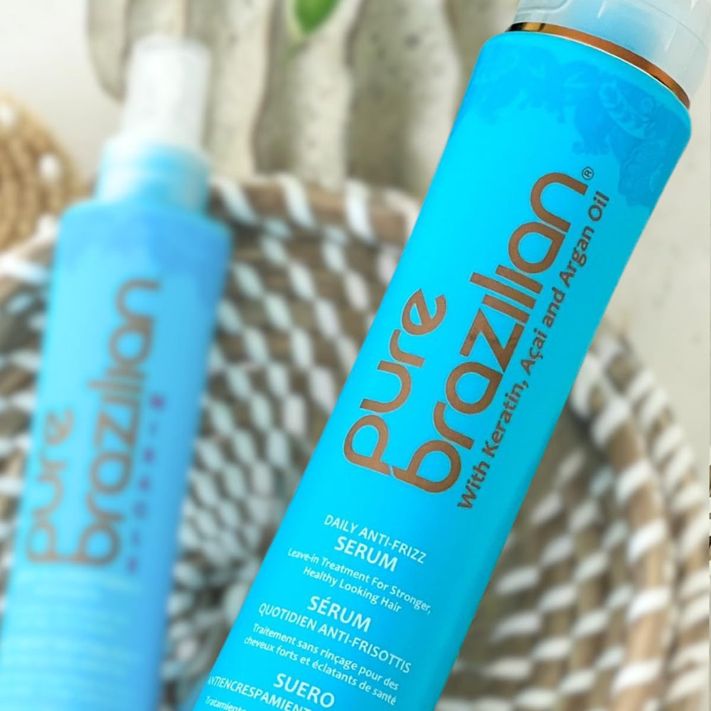 Pure Brazilian leave-in serum in bathroom setting offering protection.