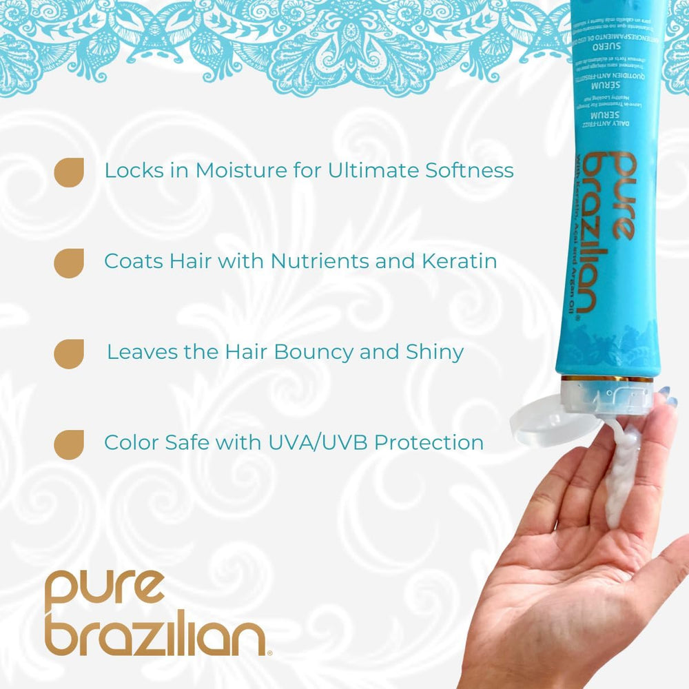 Pure Brazilian leave-in serum pump highlighting fast styling and frizz control.