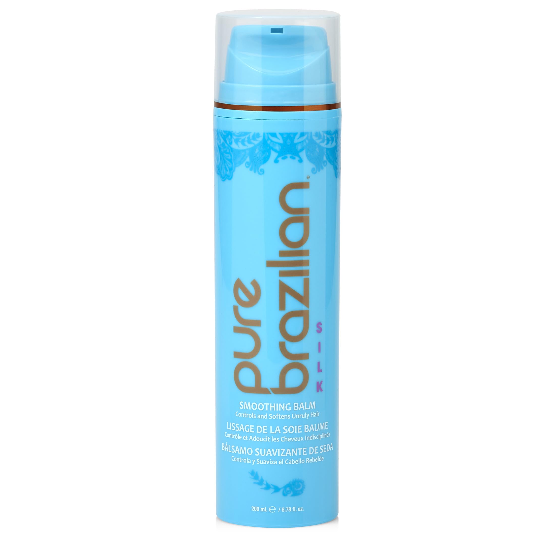 Pure Brazilian Silk Smoothing Balm bottle showing lightweight nourishment for frizz control (brand product).