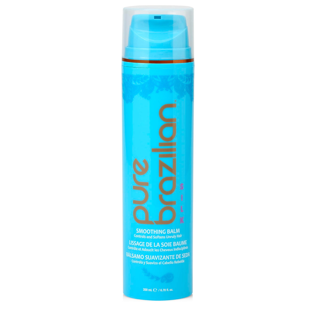 Pure Brazilian Silk Smoothing Balm bottle showing lightweight nourishment for frizz control (brand product).