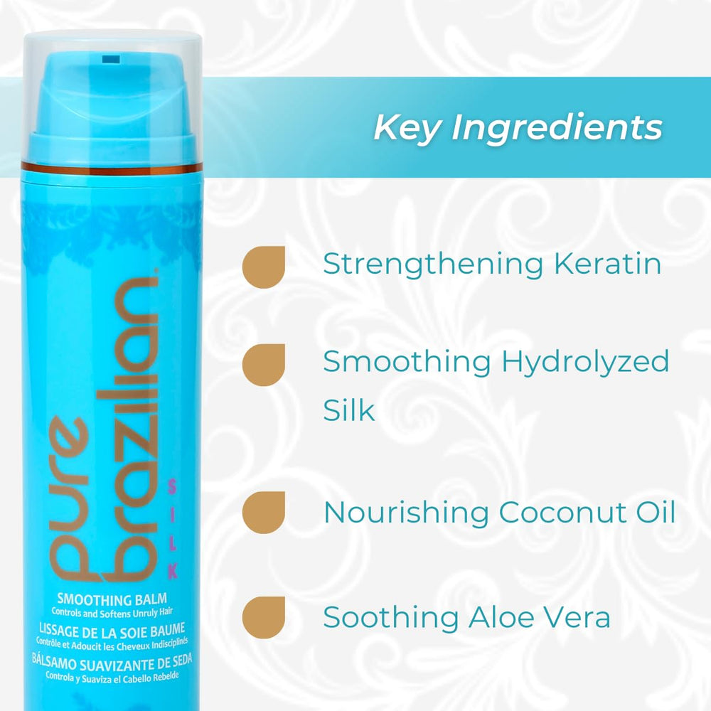 Pure Brazilian Silk Smoothing Balm straight-style result highlights a sleek, salon-like finish.