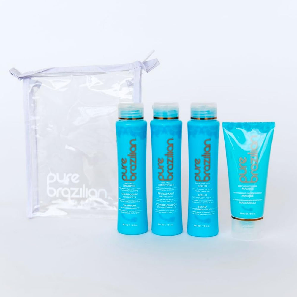 Pure Brazilian travel kit in-use hair showing frizz-free smooth results.