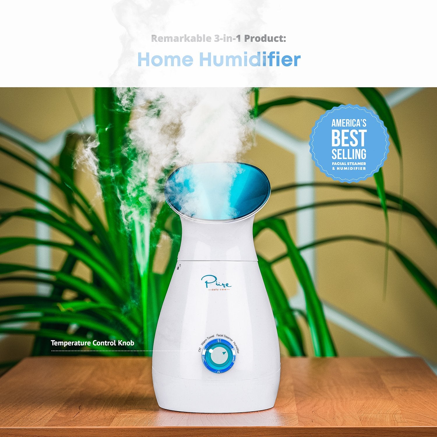 Pure Daily Care Nanosteamer teal compact countertop design fits a vanity.