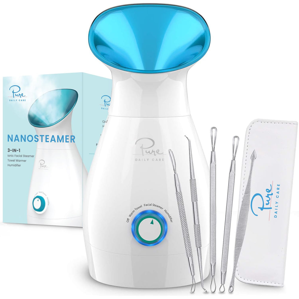 Pure Daily Care Nanosteamer teal front view on bathroom counter for at-home spa sessions.