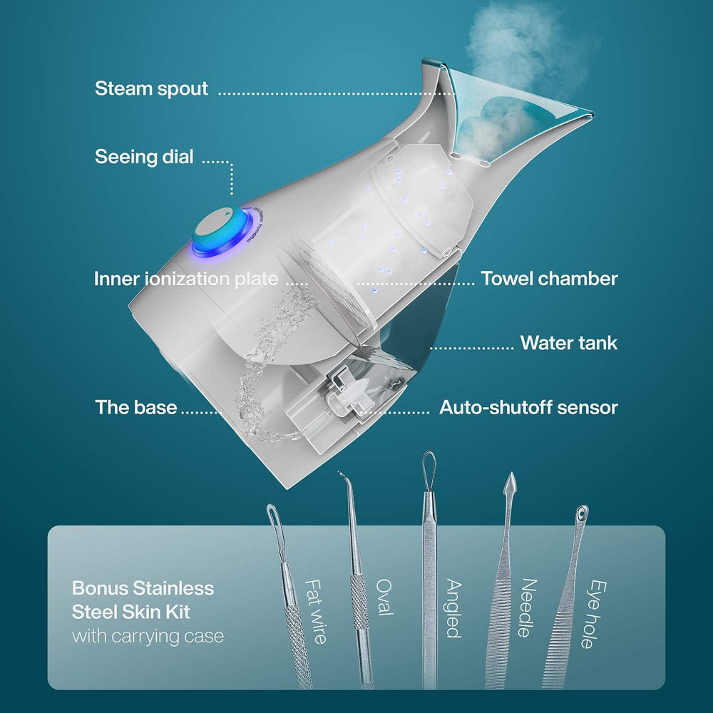 Pure Daily Care Nanosteamer teal steam close-up illustrates nano-ionic vapor.