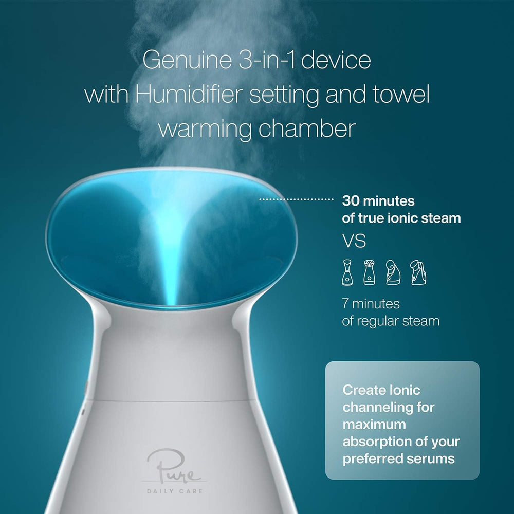 Pure Daily Care Nanosteamer teal water tank view emphasizes 200ml capacity for longer sessions.