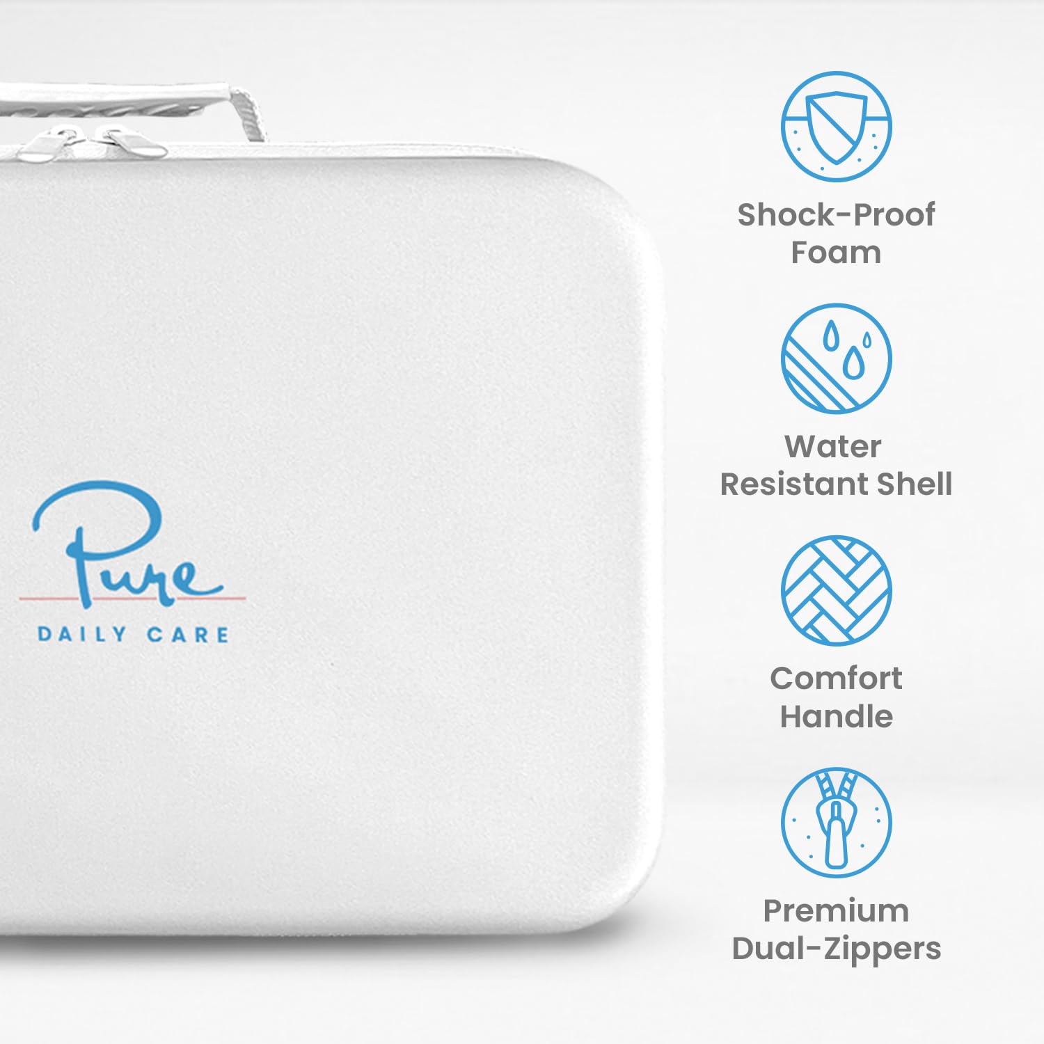 Pure Daily Care NuDerma case is waterproof and shock resistant for durable travel protection.