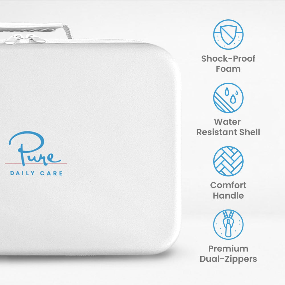 Pure Daily Care NuDerma case is waterproof and shock resistant for durable travel protection.