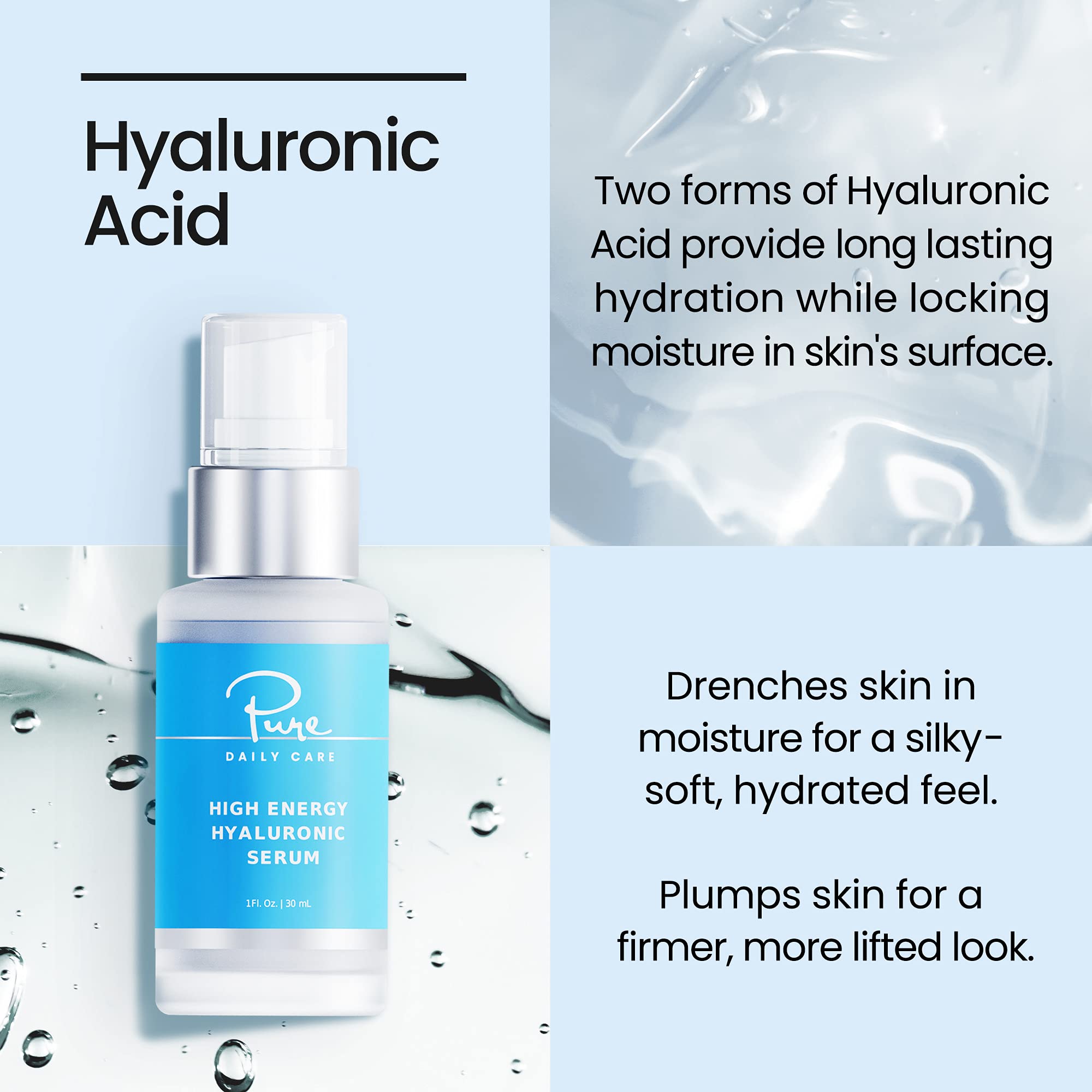 Pure Daily Care Serum on face and neck highlighting plump, hydrated-looking skin