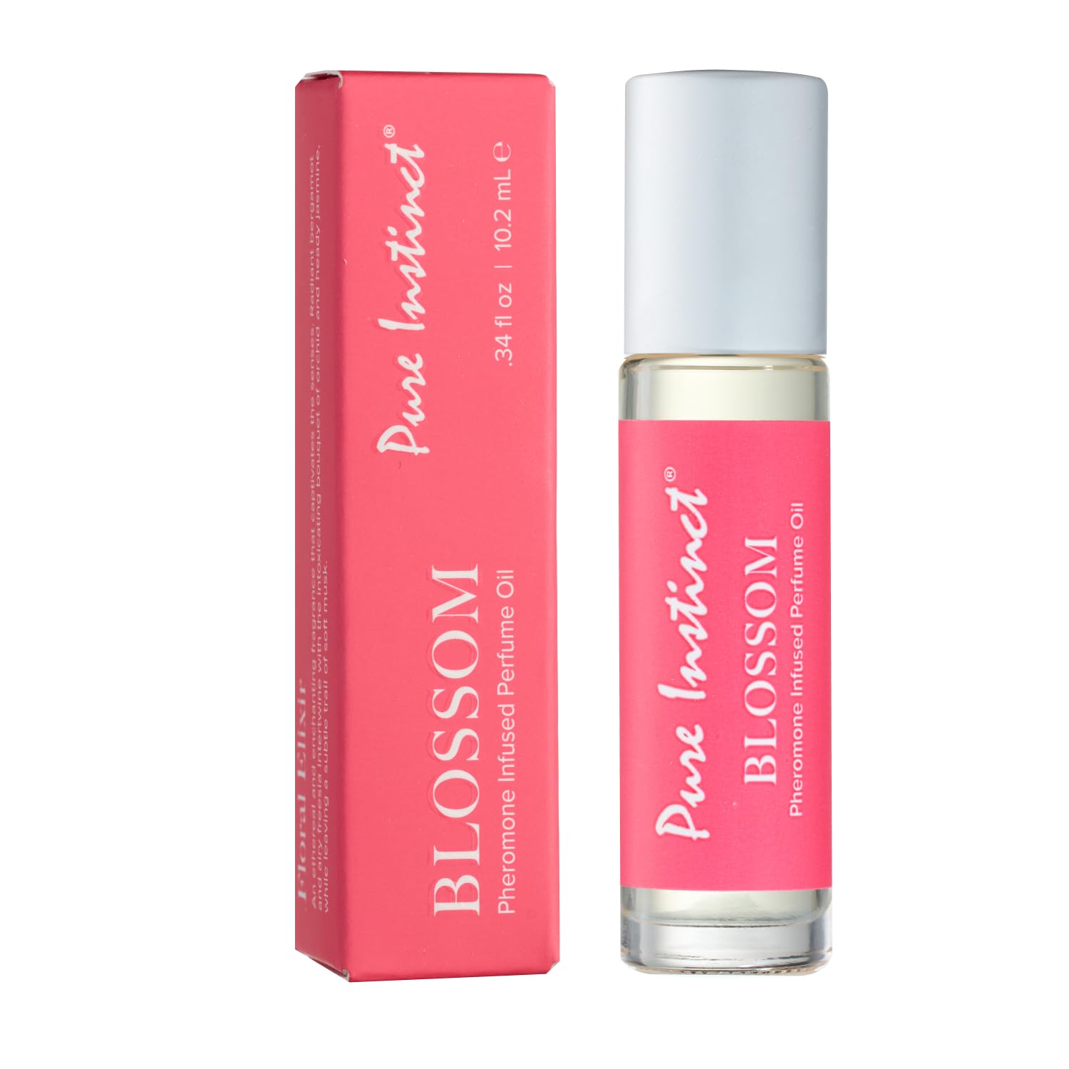 Pure Instinct BLOSSOM roll-on bottle close-up for portable, all-day fragrance.