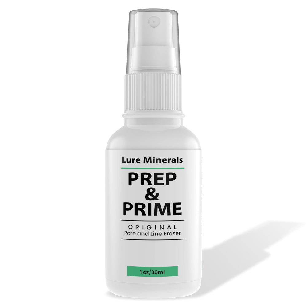 Pure Minerals Foundation Primer bottle closeup shows smooth prep for makeup.