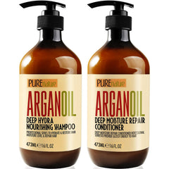 Pure Nature Lux Spa Argan Oil Shampoo bottle pour delivers hydrating nourishment for shiny hair.