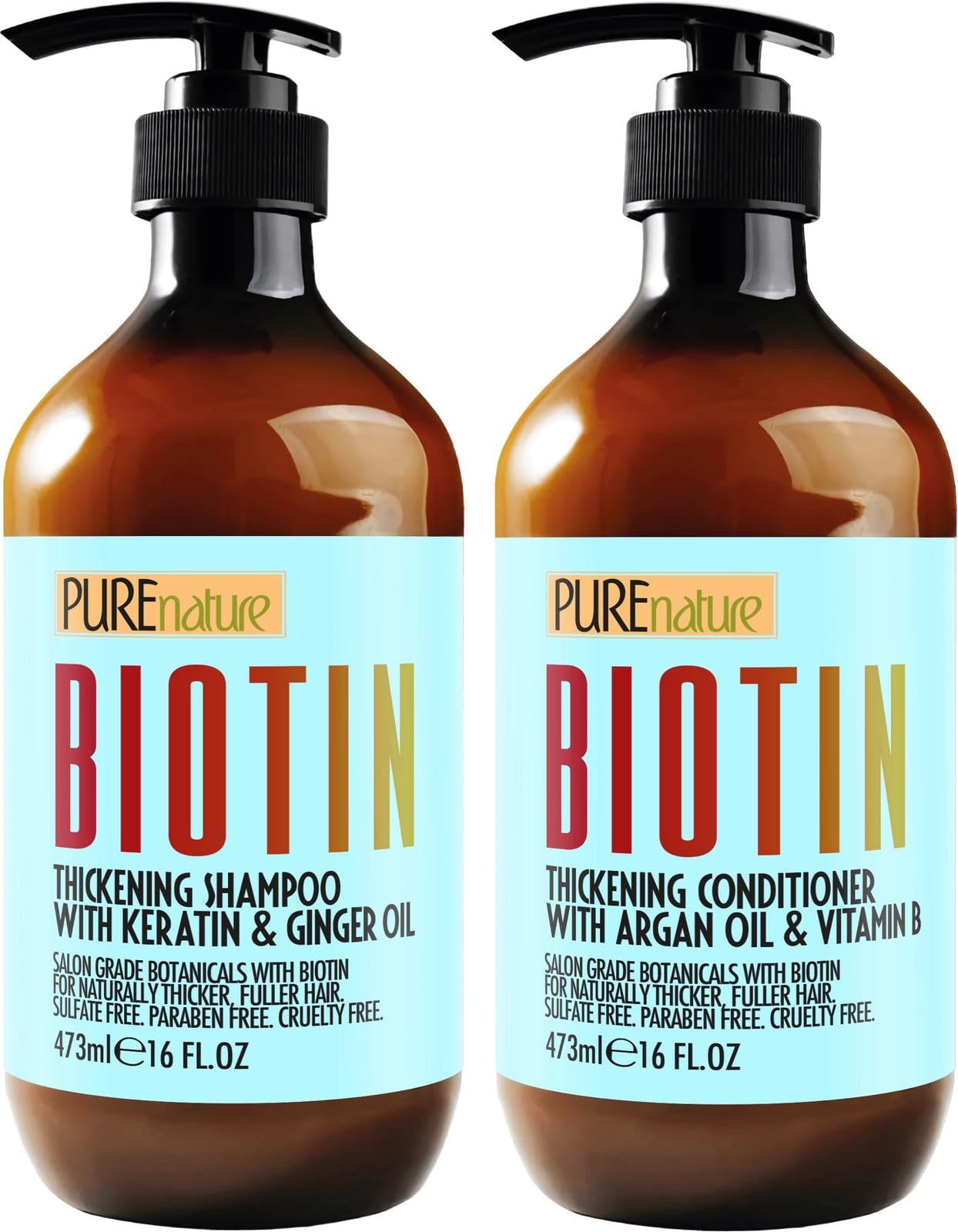 Pure Nature Lux Spa biotin shampoo bottle front view showcases volume-boosting formula