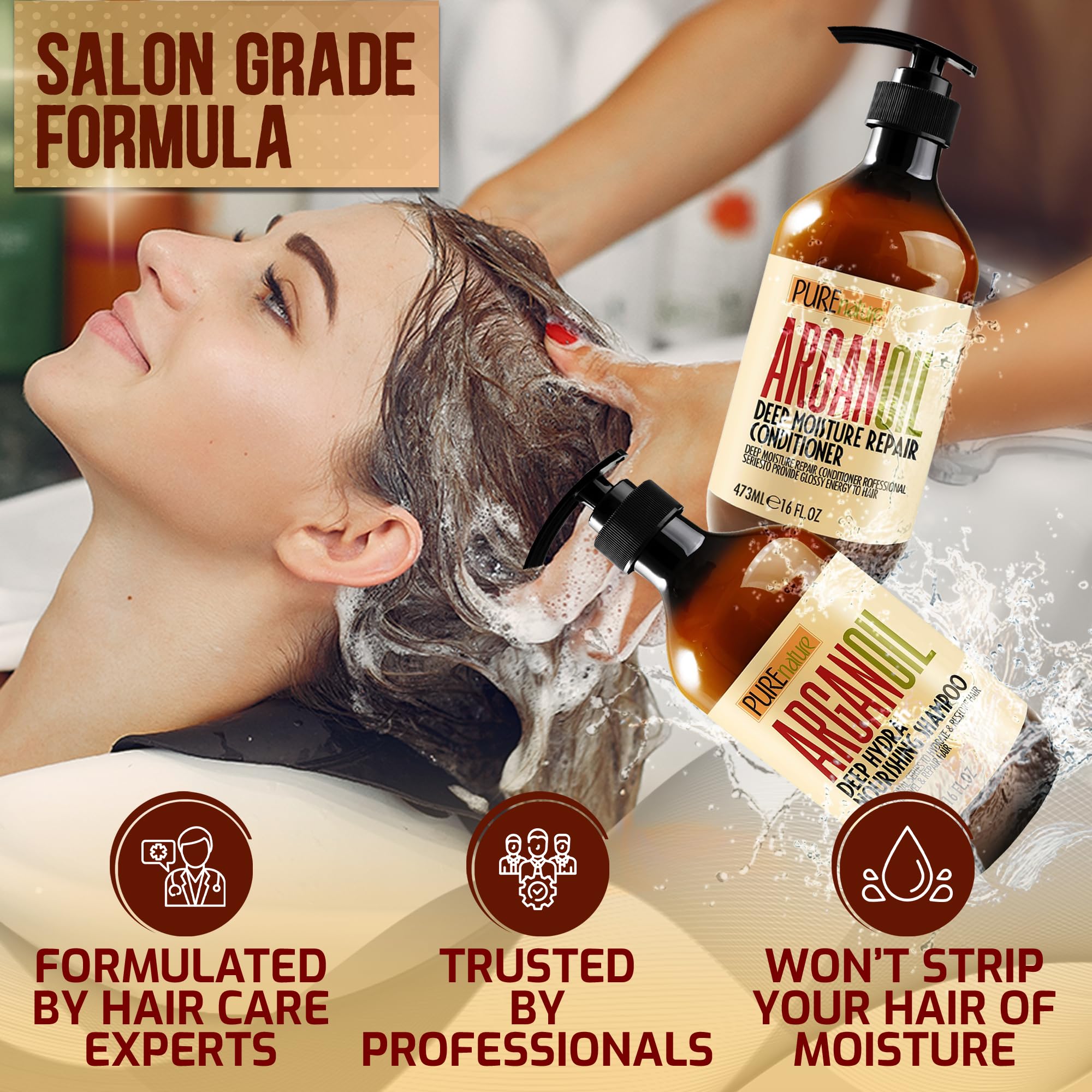 Pure Nature Lux Spa conditioner on hands demonstrates hydrating care for dry strands.