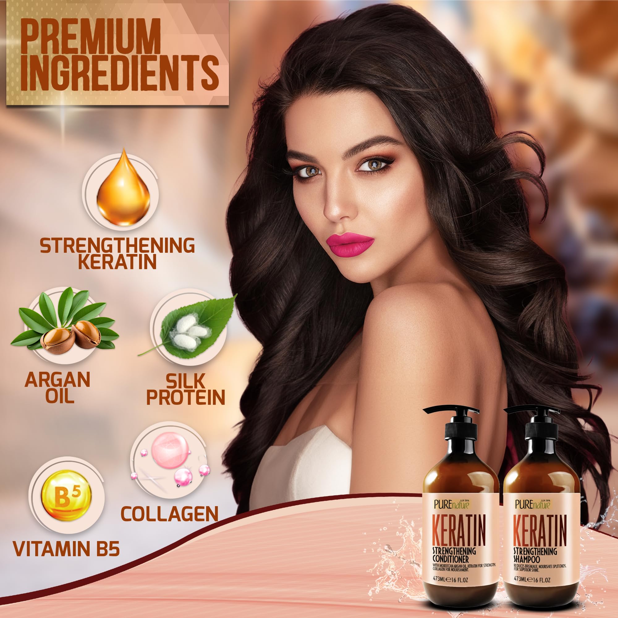 Pure Nature Lux Spa hair shine closeup showing argan oil and silk extract benefits for frizz control