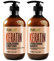 Pure Nature Lux Spa keratin shampoo bottle closeup highlighting anti-frizz hydration for dry hair
