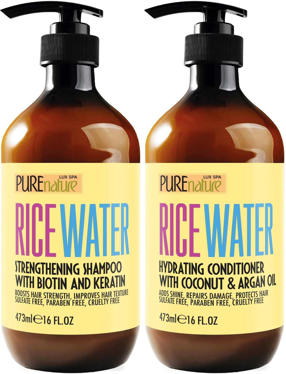 Pure Nature Lux Spa rice water shampoo bottle shows volumizing potential for fine hair