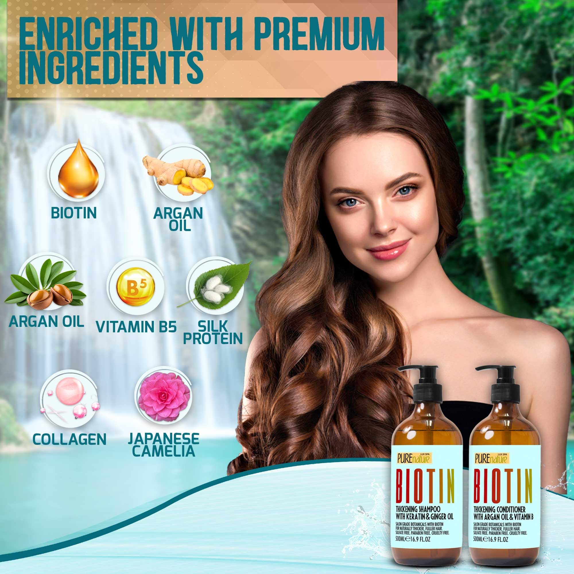 Pure Nature Lux Spa biotin shampoo bottle close-up showing lather and shine
