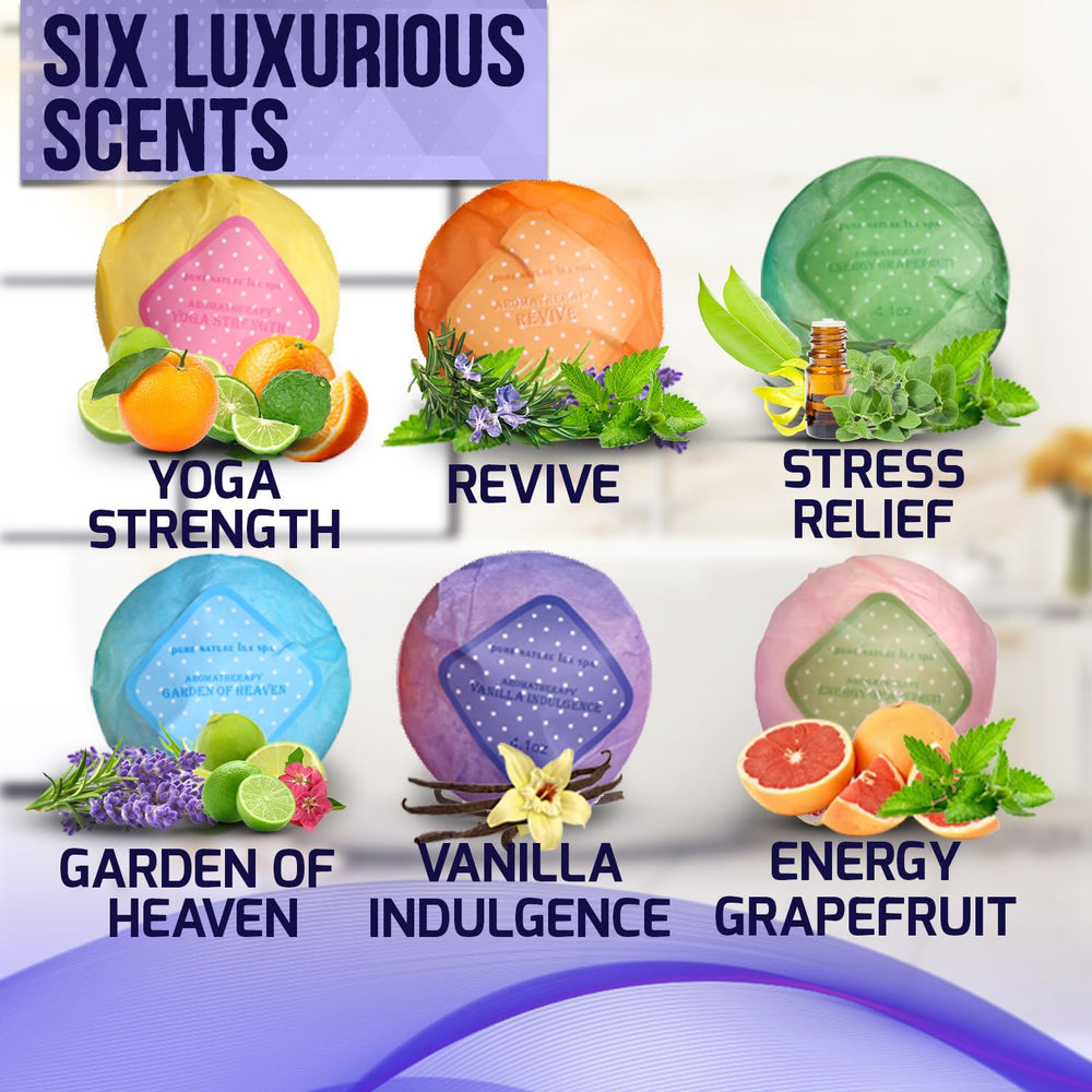 Pure Nature Lux Spa six scent varieties arranged for bath bliss and relaxation