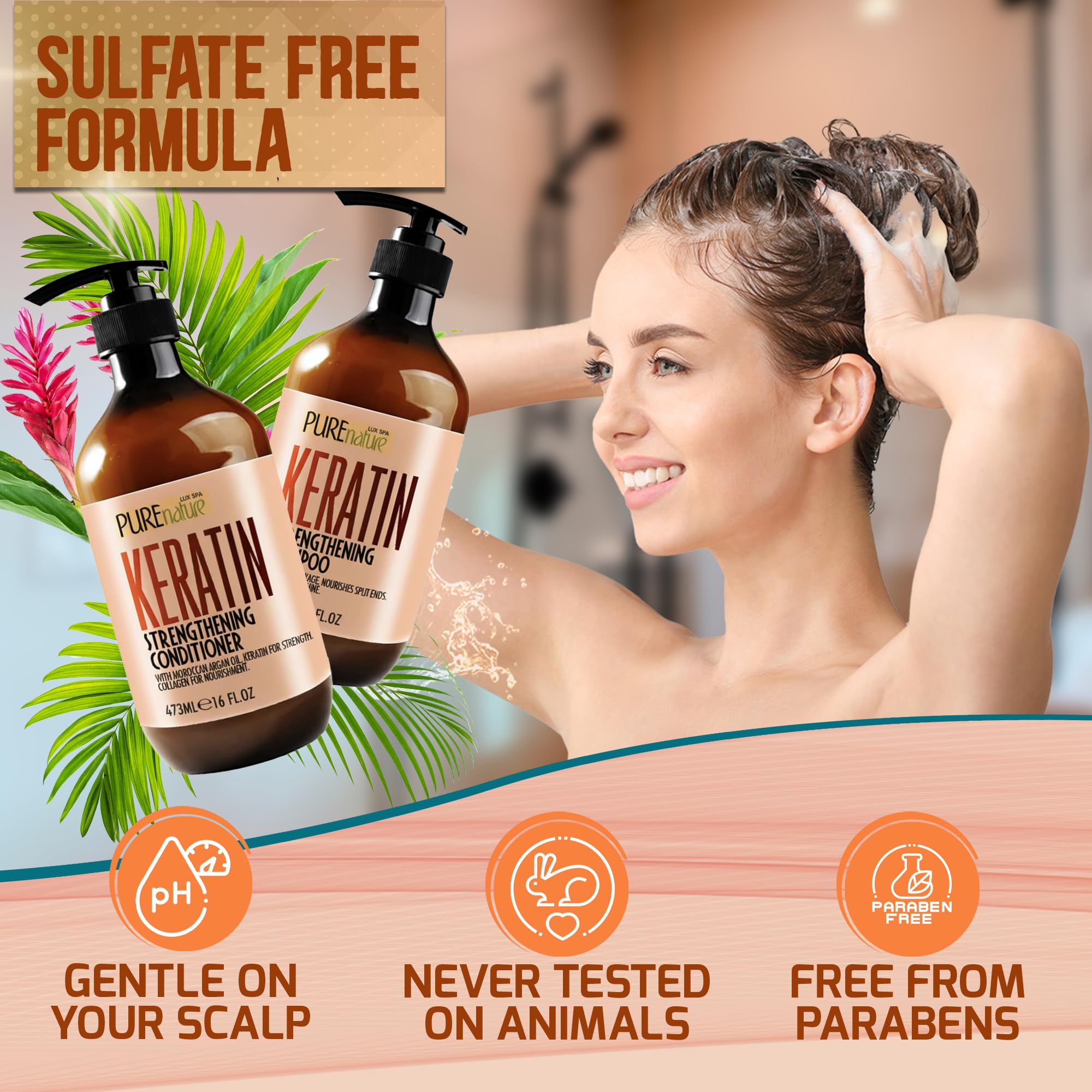 Pure Nature Lux Spa sulfate-free label on bottle promotes gentle cleansing for color-treated hair