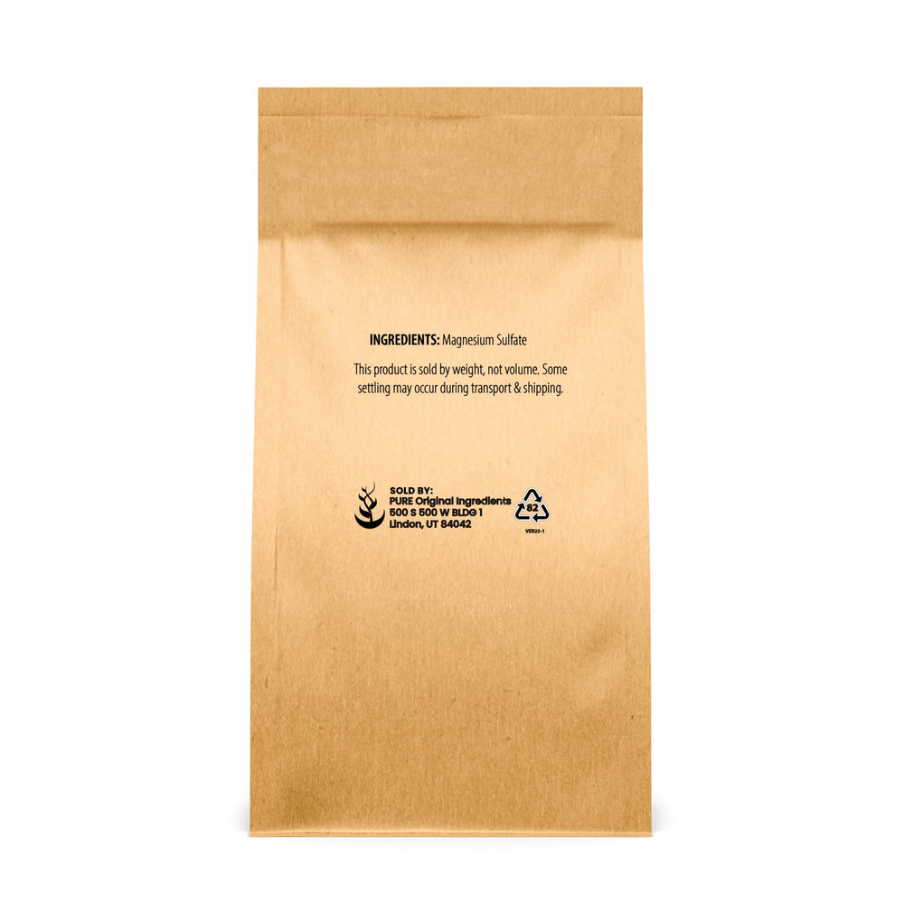 Pure Original Ingredients Epsom Salt closeup shows pure magnesium sulfate for baths.