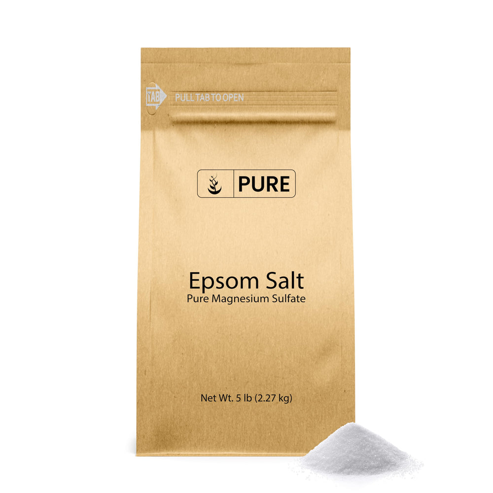 Pure Original Ingredients Epsom Salt 5lb bag front for relaxing soaking with magnesium sulfate.