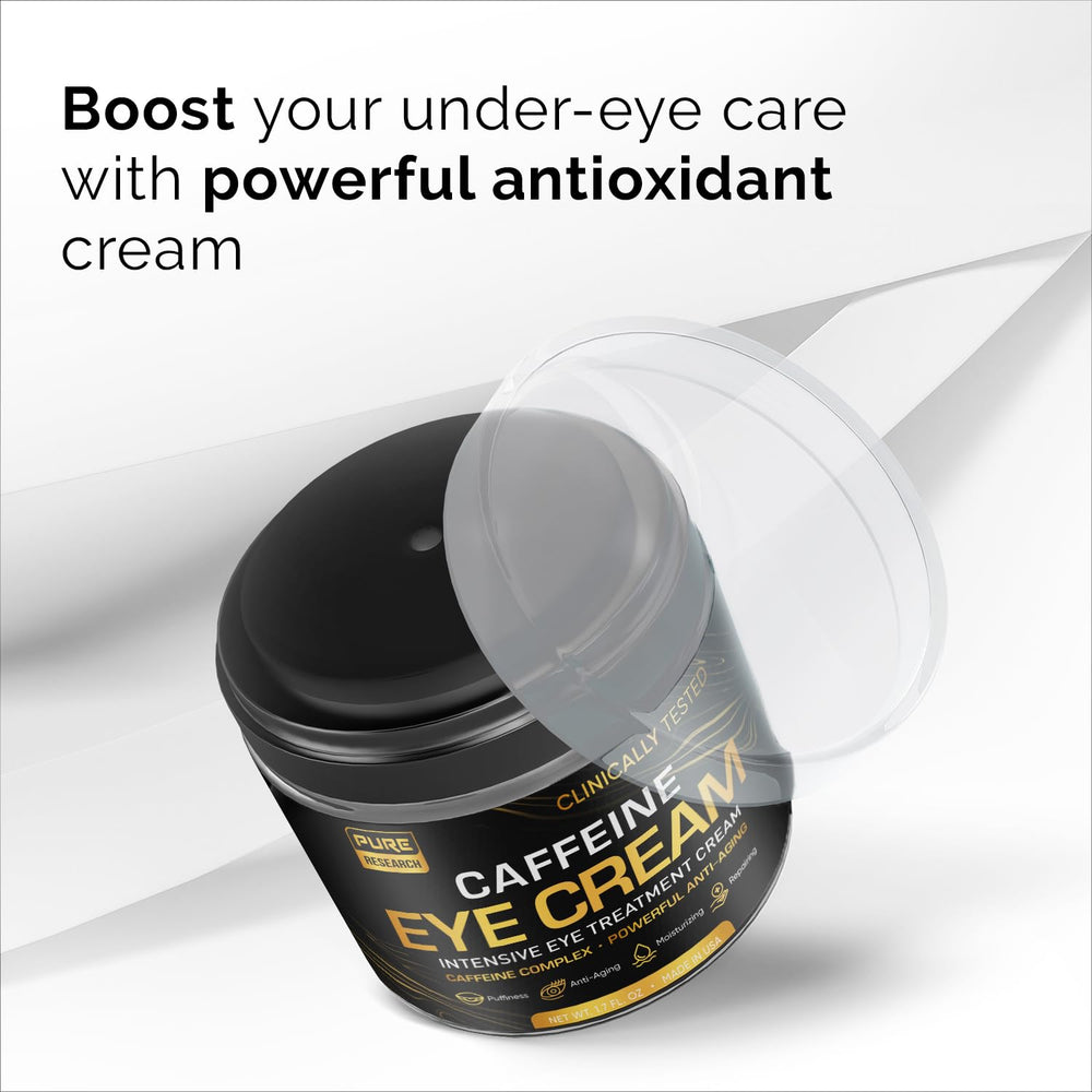 Pure Research caffeine eye cream one-point-seven-ounce jar supports a calm daily routine for both men and women.