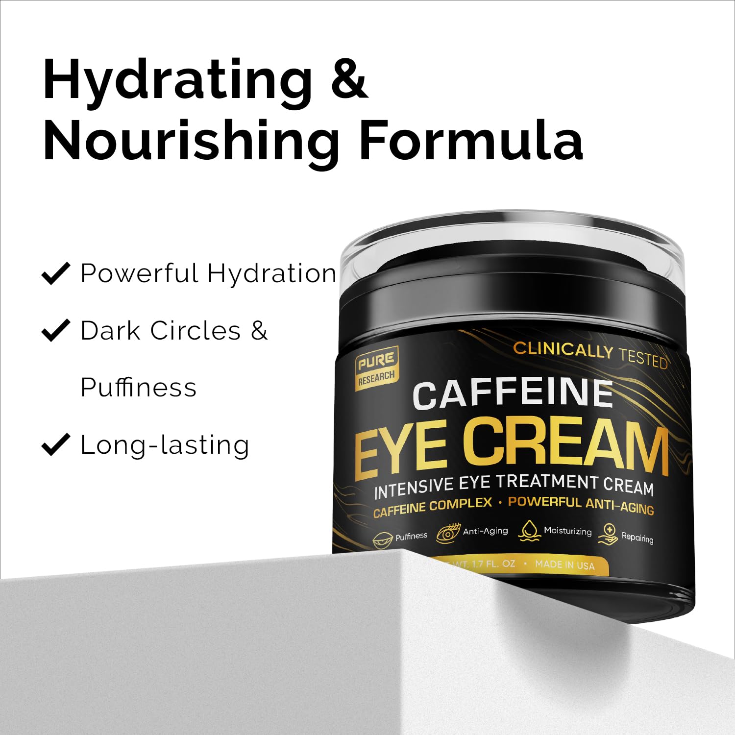Pure Research caffeine eye cream packaging highlights antioxidant-rich ingredients for eye contour care.