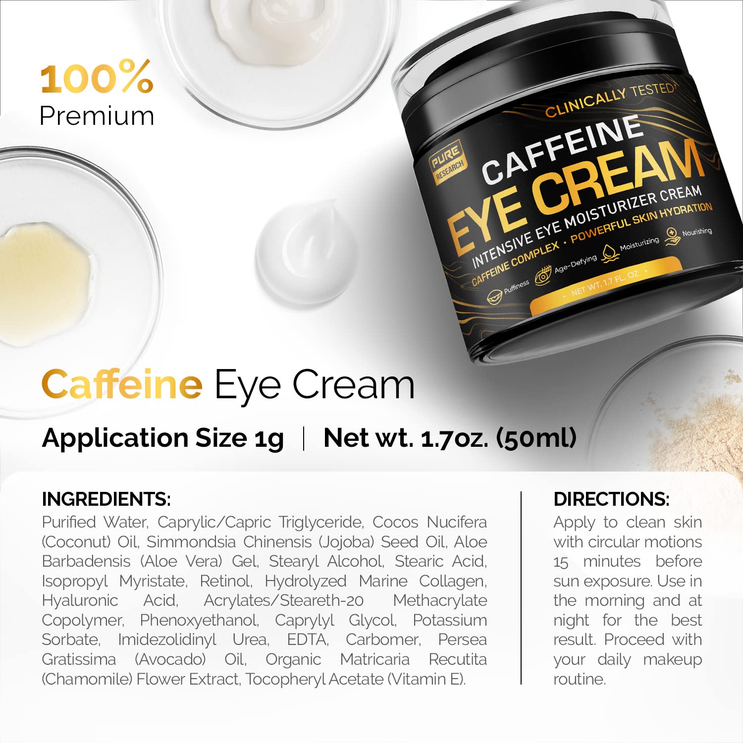 Pure Research caffeine eye cream texture swirl shows quick absorption for daytime skincare.