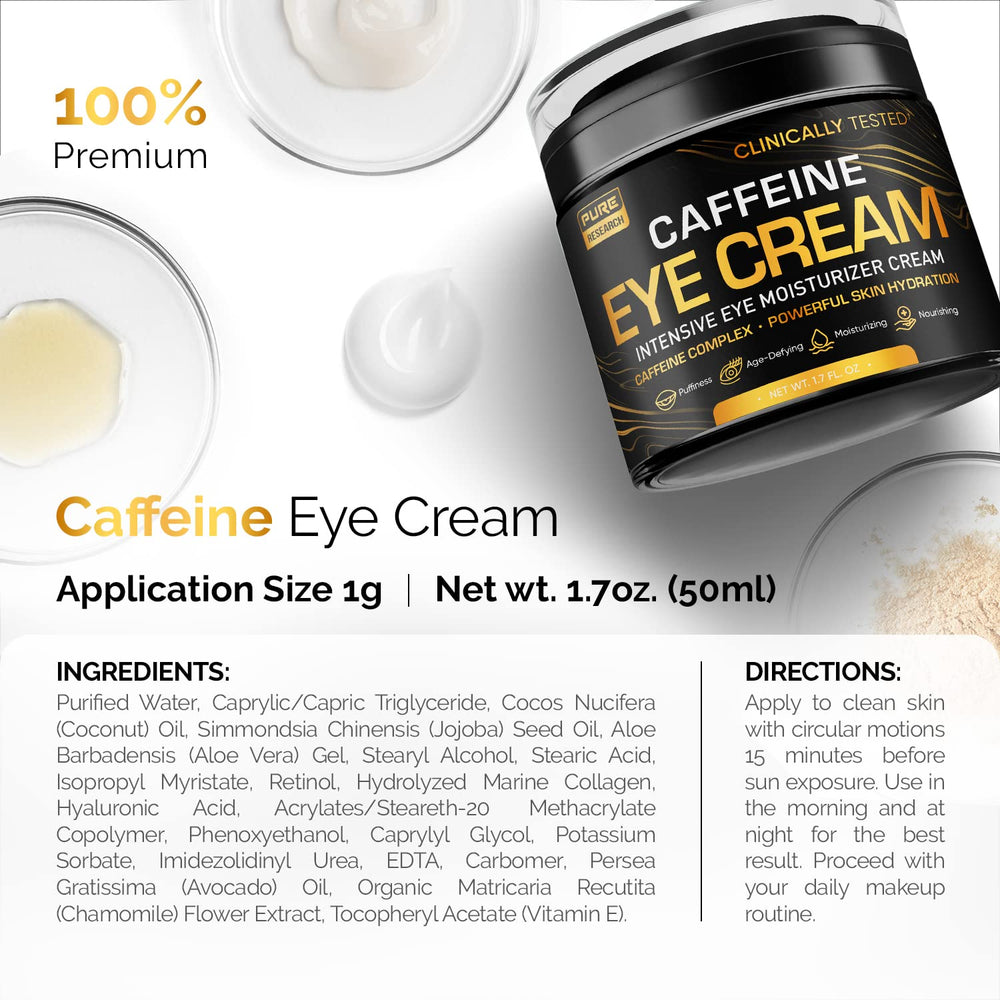 Pure Research caffeine eye cream texture swirl shows quick absorption for daytime skincare.