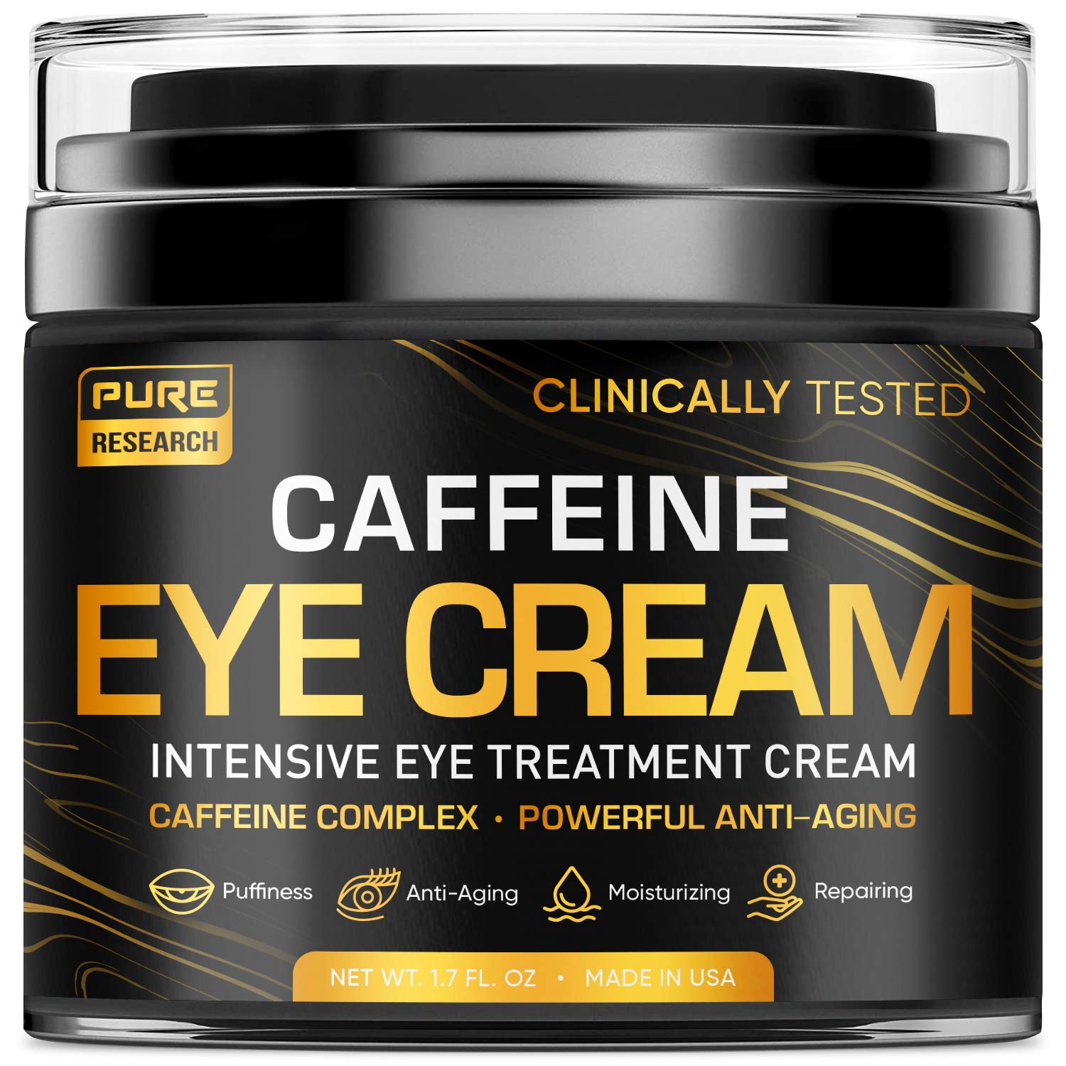 Pure Research caffeine eye cream tube closeup shows hydrating formula for morning under-eye use.