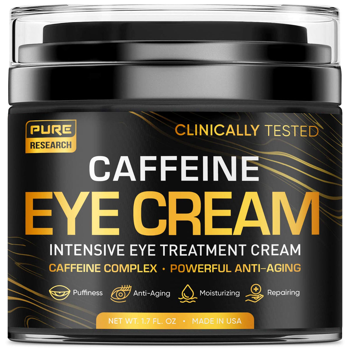 Pure Research caffeine eye cream tube closeup shows hydrating formula for morning under-eye use.