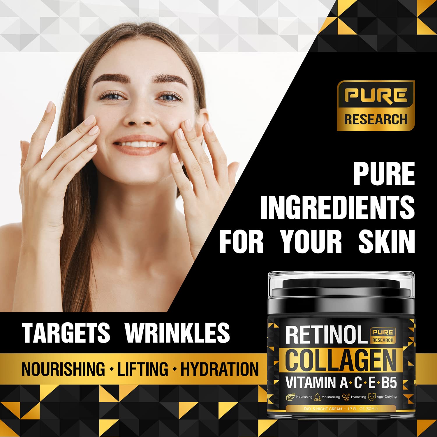 PURE RESEARCH collagen and hyaluronic acid ingredients panel highlights hydrating components.