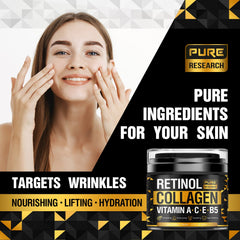 PURE RESEARCH collagen and hyaluronic acid ingredients panel highlights hydrating components.