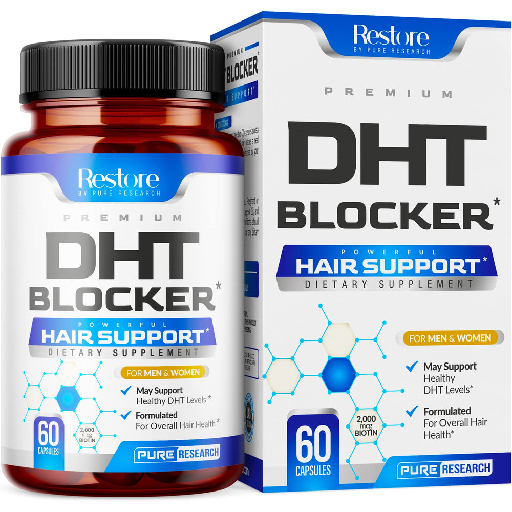 PURE RESEARCH DHT Blocker bottle pour shown for a daily hair-support routine.