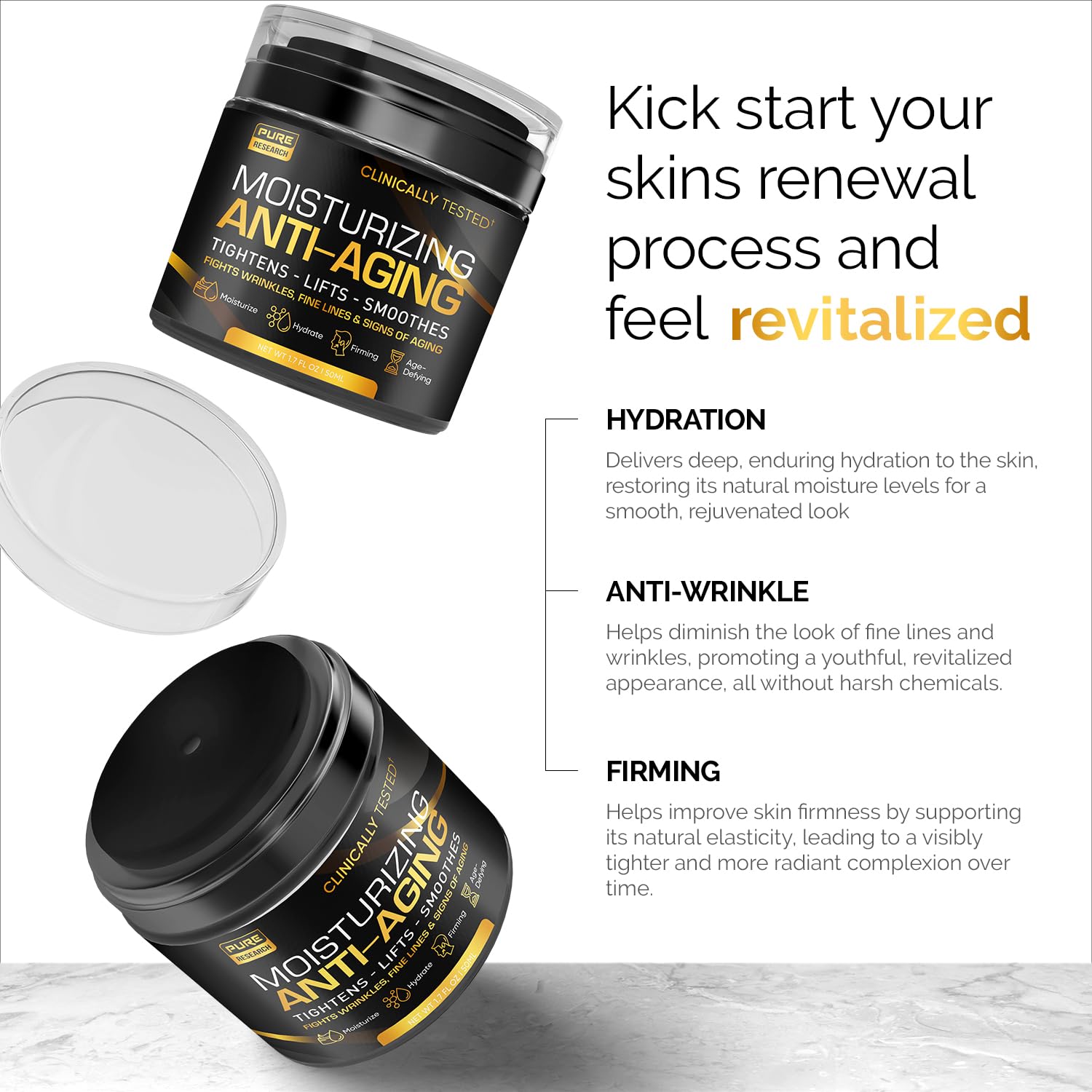 PURE RESEARCH Men's Face Cream ingredients label features Hyaluronic acid and peptides.