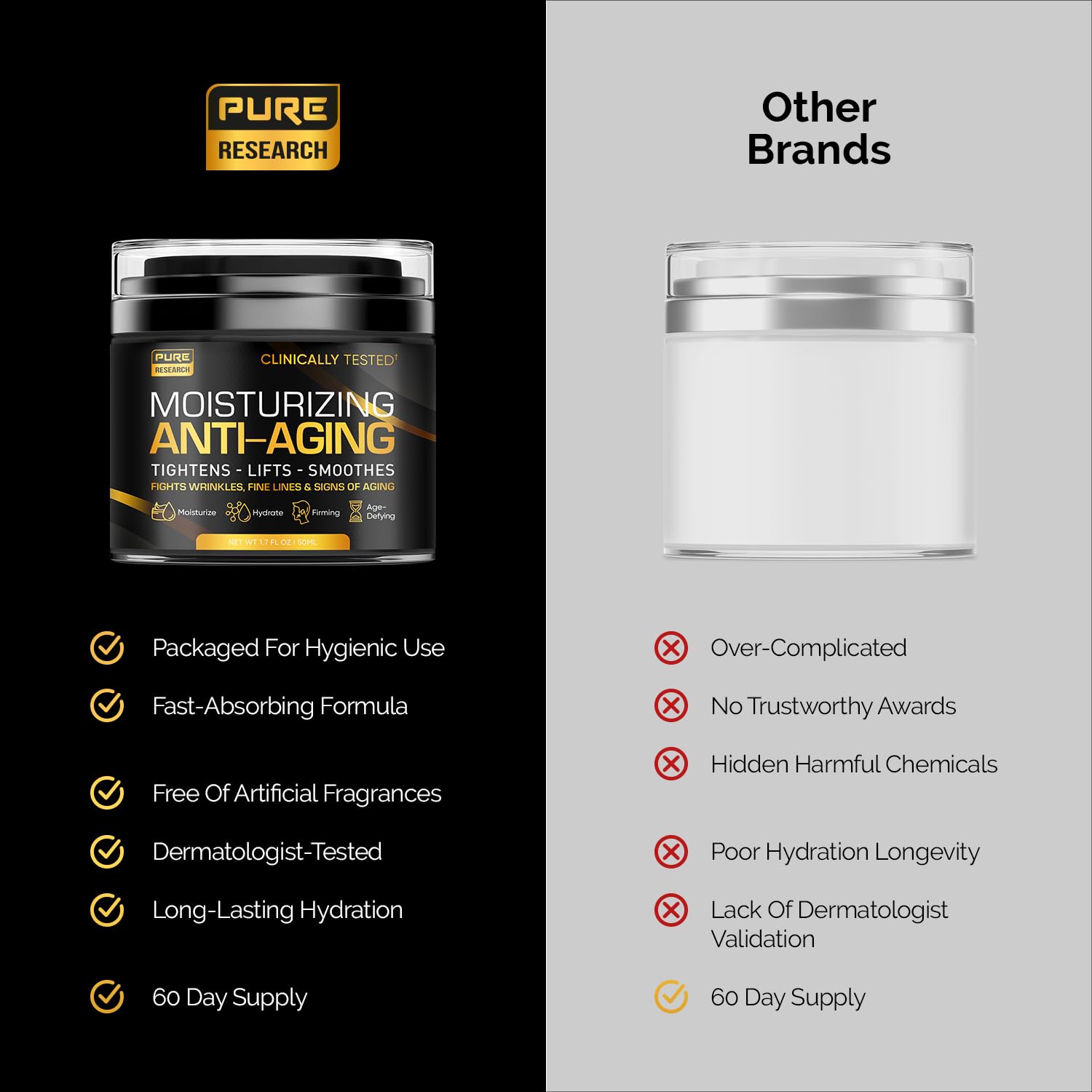 PURE RESEARCH Men's Face Cream packaging closeup conveys premium, small-batch quality.
