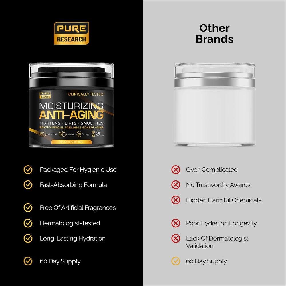 PURE RESEARCH Men's Face Cream packaging closeup conveys premium, small-batch quality.