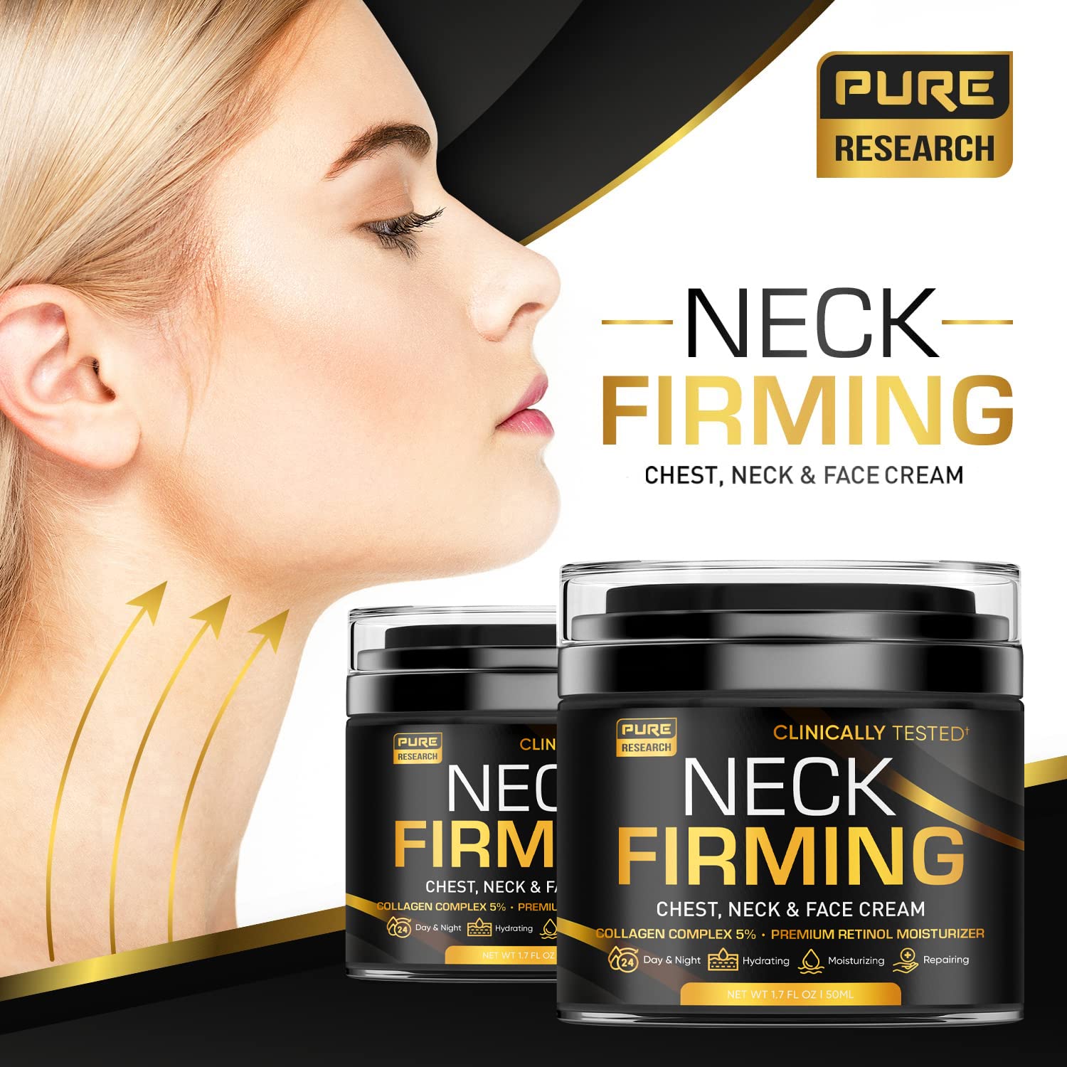 Pure Research Neck Firming Cream application hands shows easy massage and absorption.