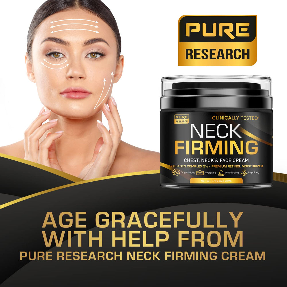 Pure Research Neck Firming Cream decollete shot emphasizes chest-area care.