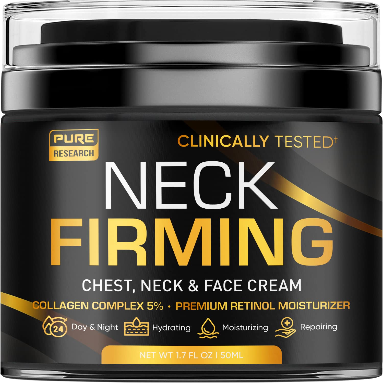 Pure Research Neck Firming Cream jar closeup highlighting rich hydration for the neck.